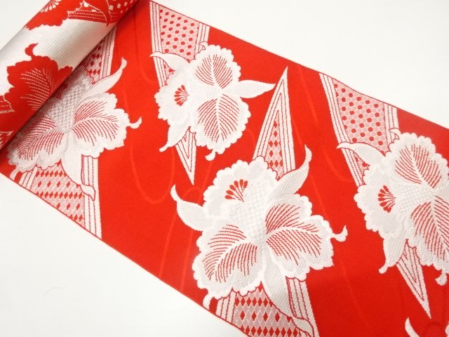 JAPANESE KIMONO / ANTIQUE ORCHID PATTERN WOVEN EIGHT-SIDED OBI BOLT